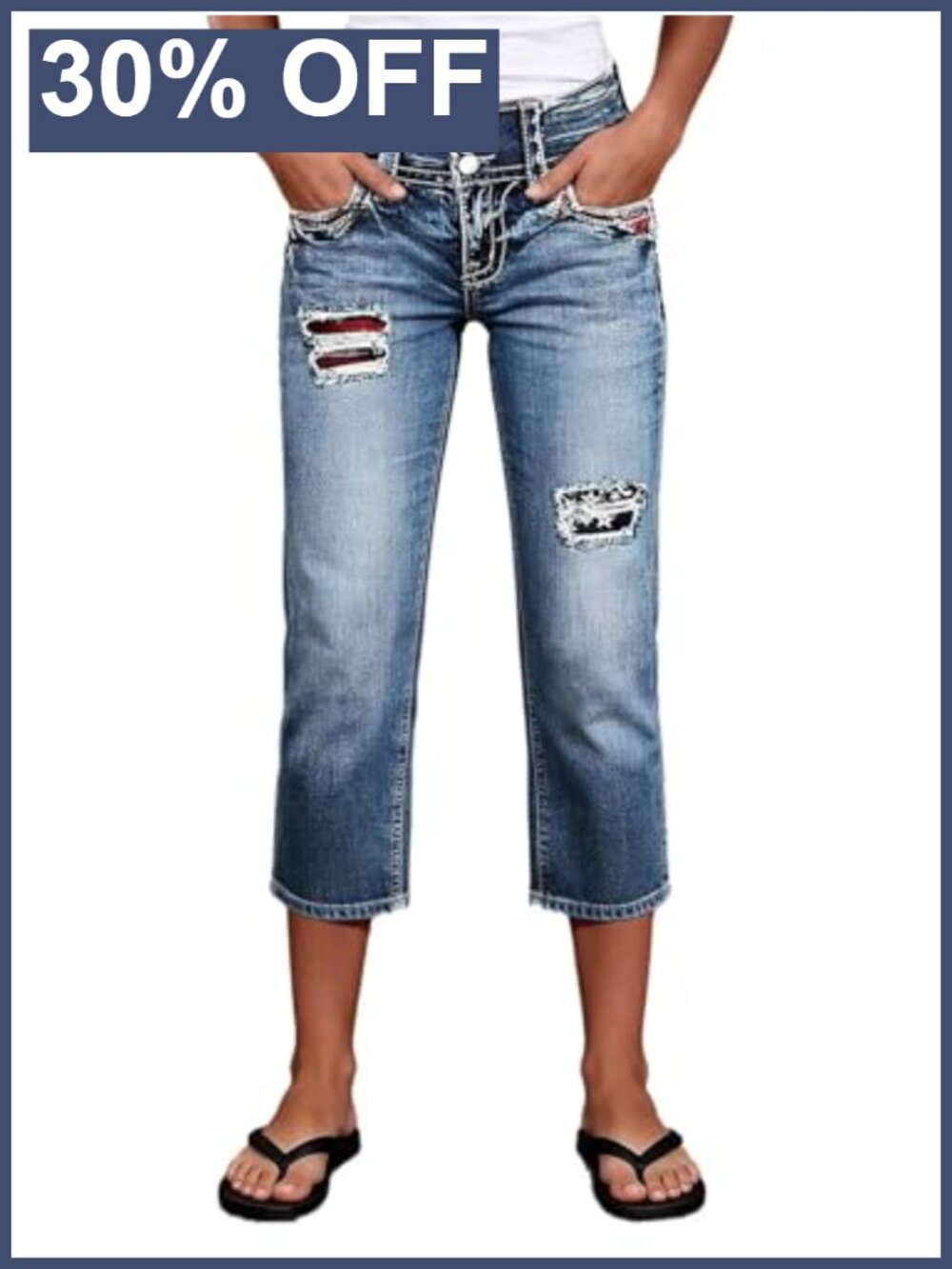 High Rise Straight Leg Capri Jeans with Star Embroidery Ripped Denim